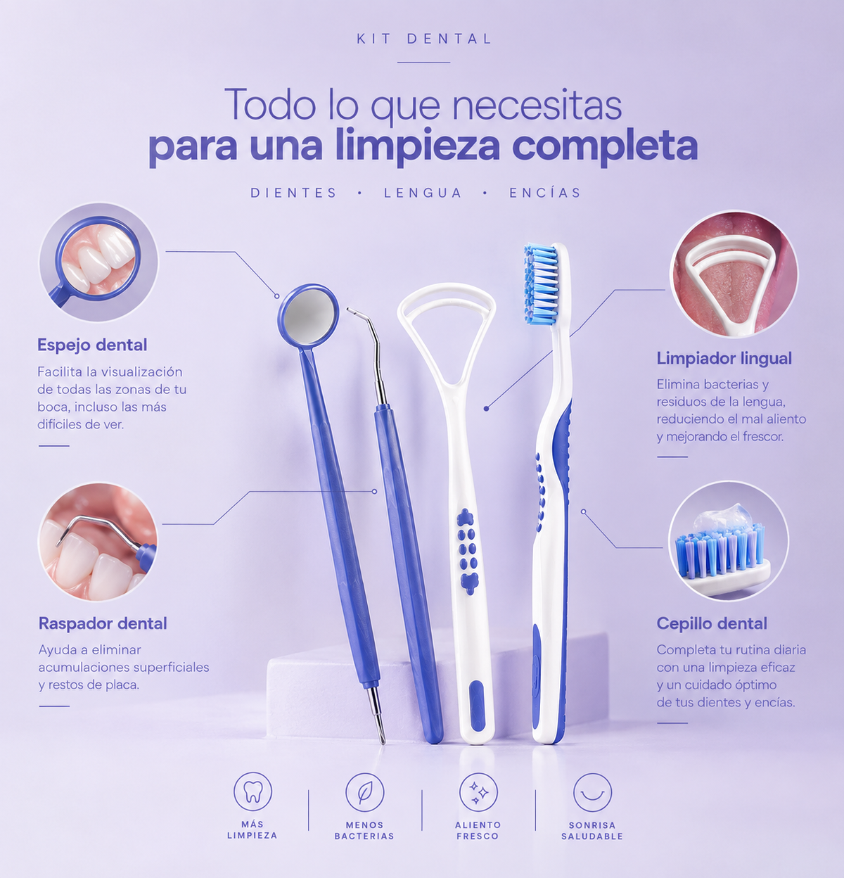Kit Bucal Completo – Arova 360° | Cepillo + Espejo + Raspador Dental + Limpiador Lingual